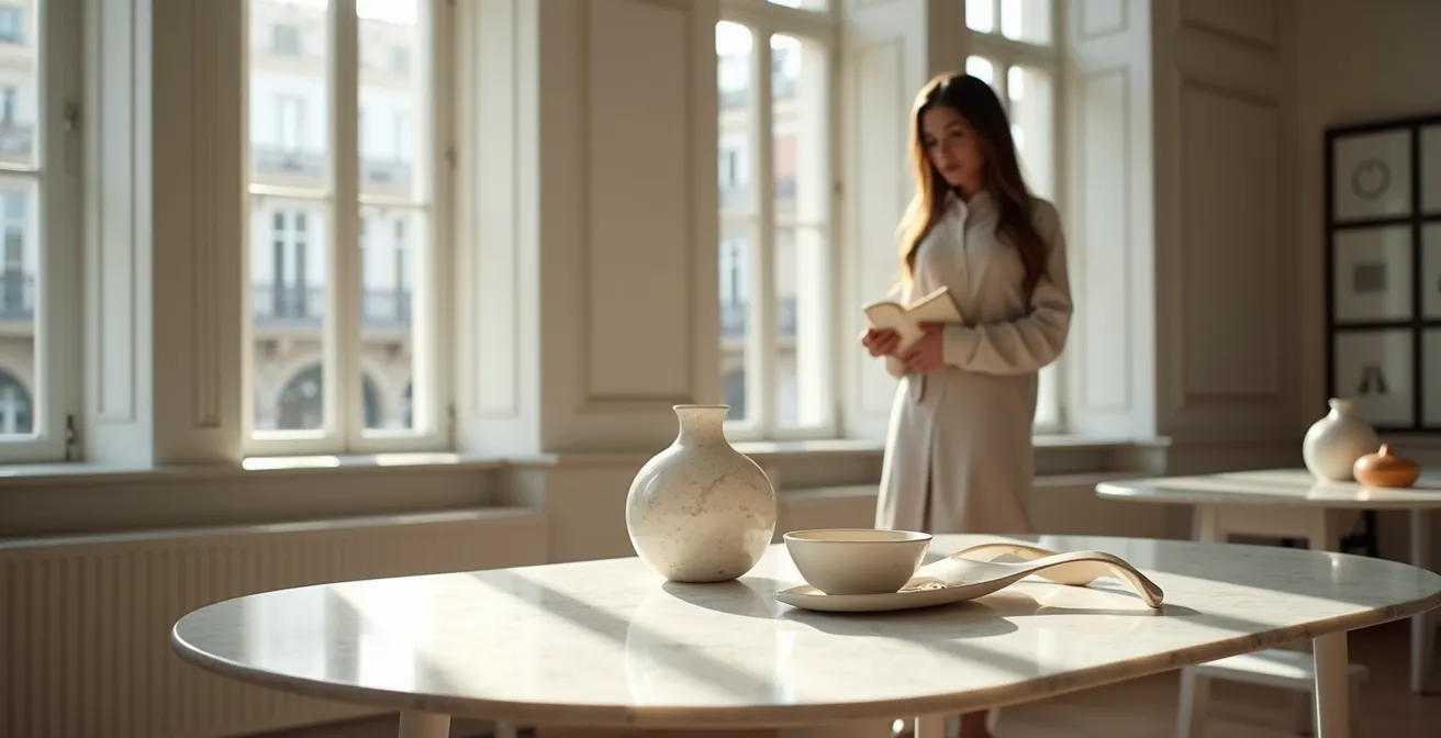 Vue minimaliste d'un espace de décision d'achat épuré avec éléments français subtils