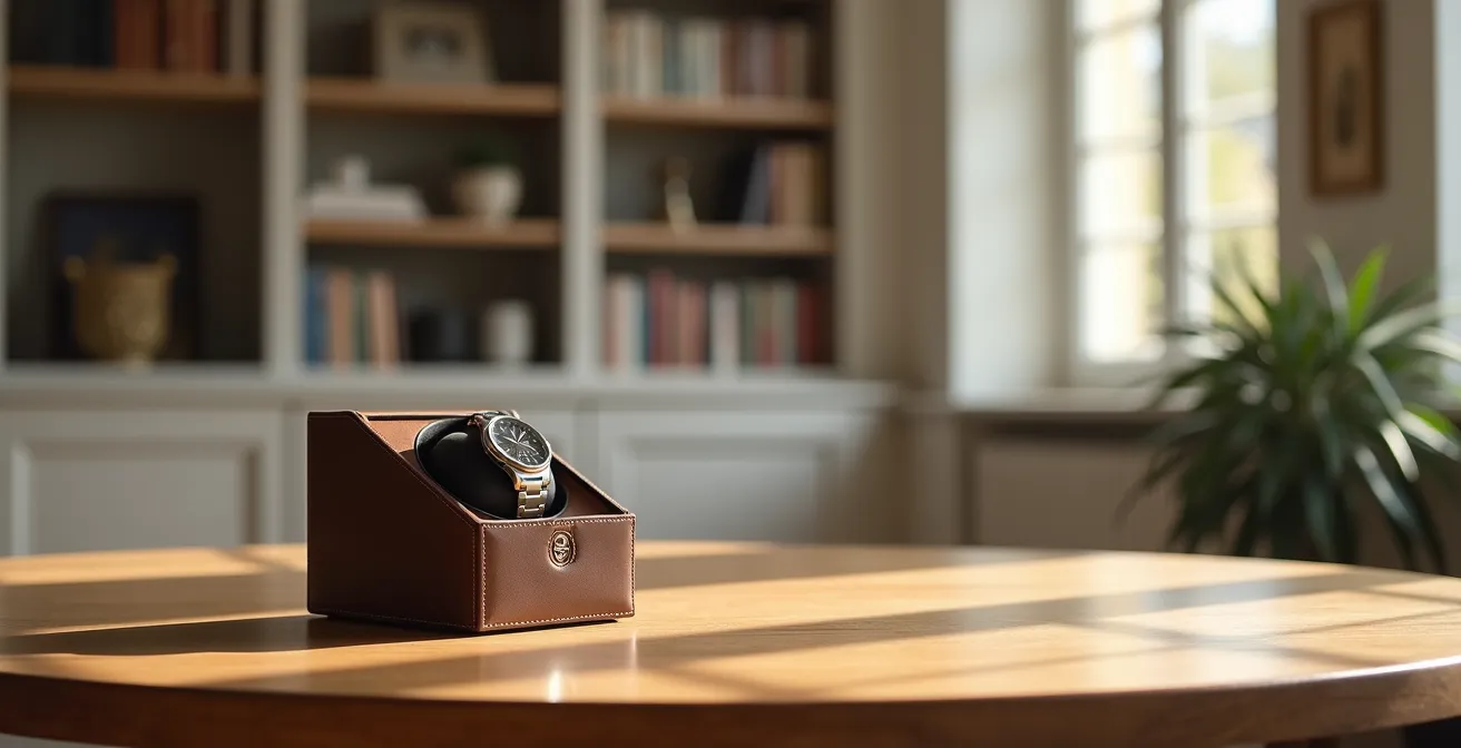 Remontoir pour montre automatique posé sur une table en bois dans un intérieur français moderne
