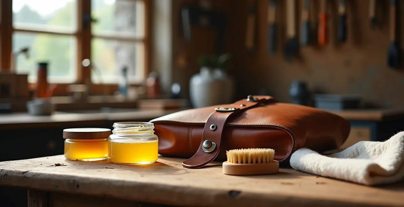 Application de cire d'abeille sur cuir avec outils d'artisan