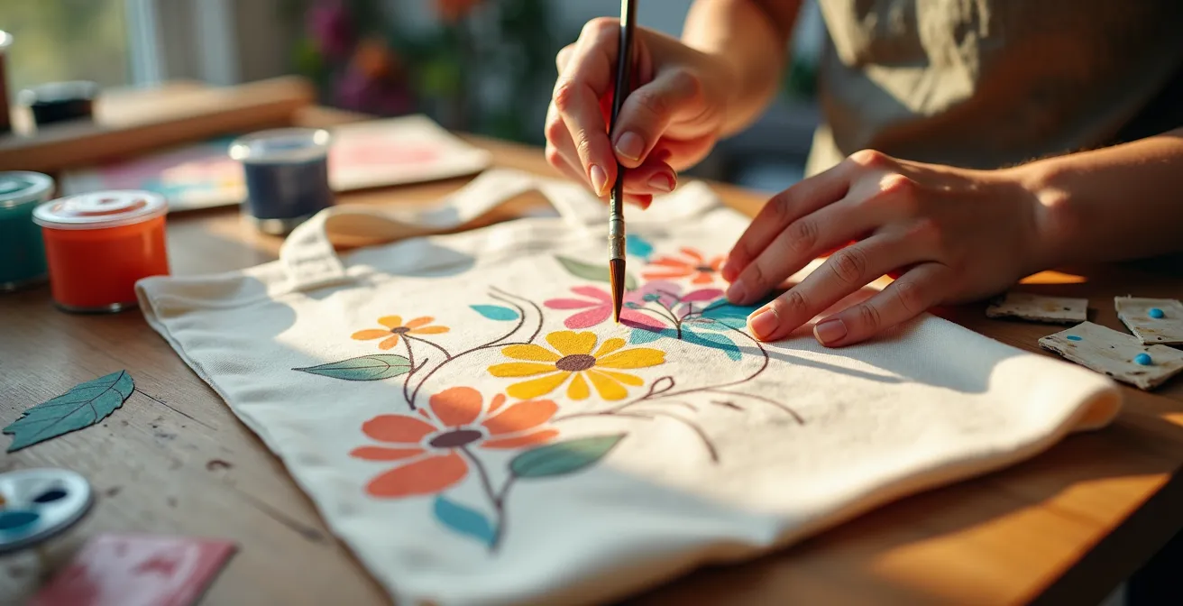 Cabas en toile avec motif peint et patchs décoratifs colorés