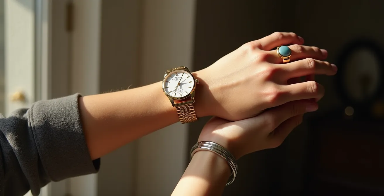 Poignet portant une montre en or séparée d'un bracelet en acier par un bracelet en cuir