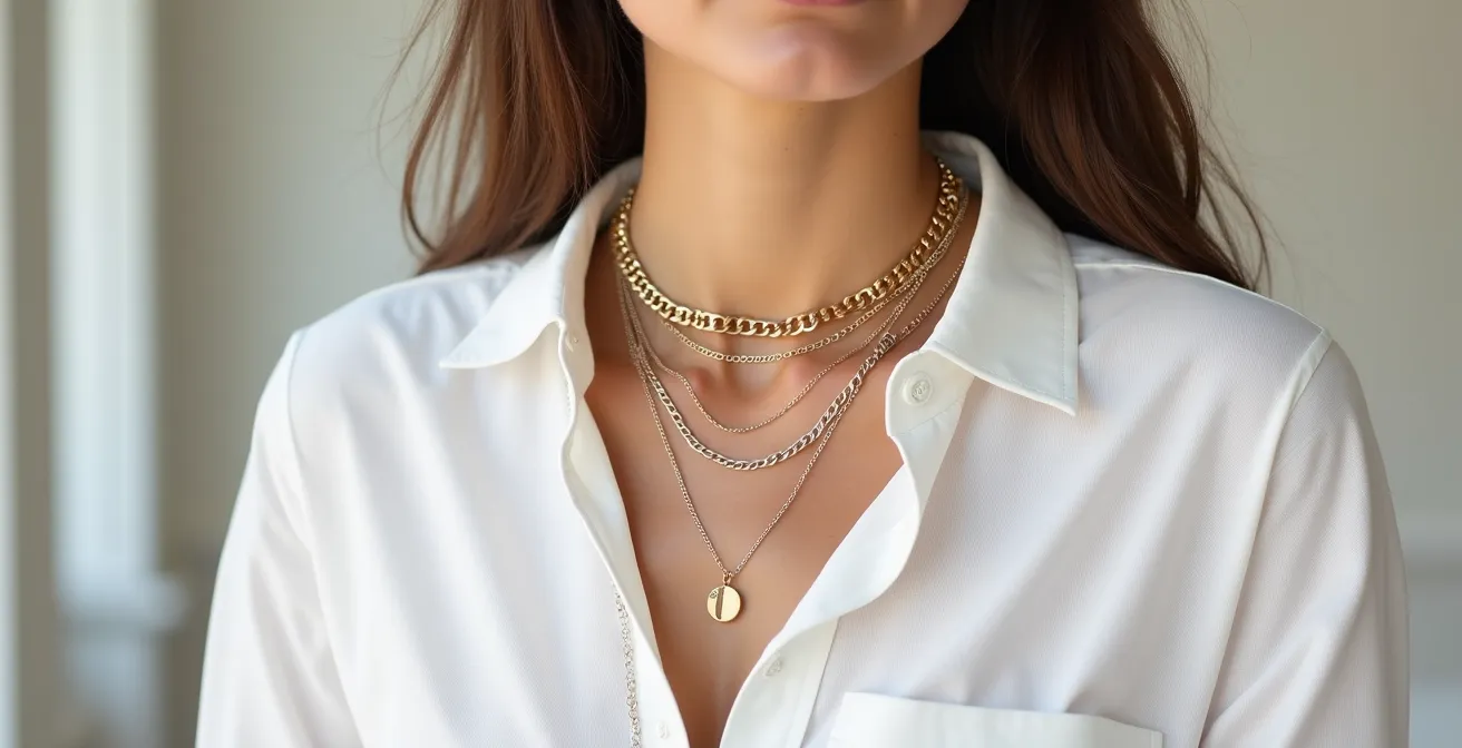 Femme portant trois colliers superposés de longueurs différentes avec un style parisien élégant