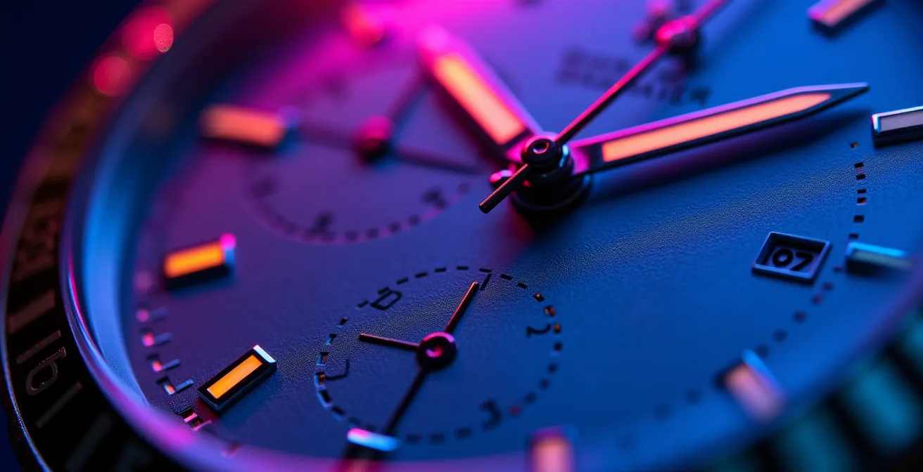Comparaison sous lumière UV d'aiguilles de montre vintage avec différentes matières luminescentes