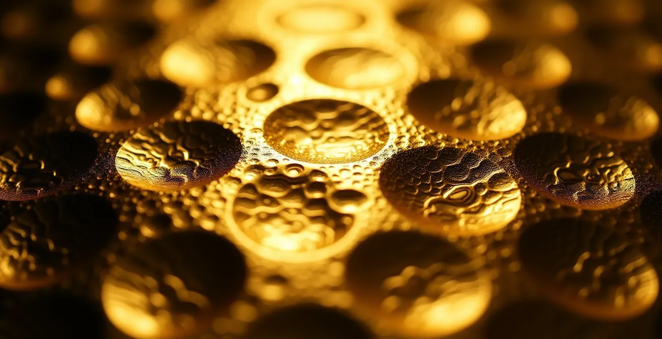 Détail macro d'une surface martelée en or avec jeux de lumière