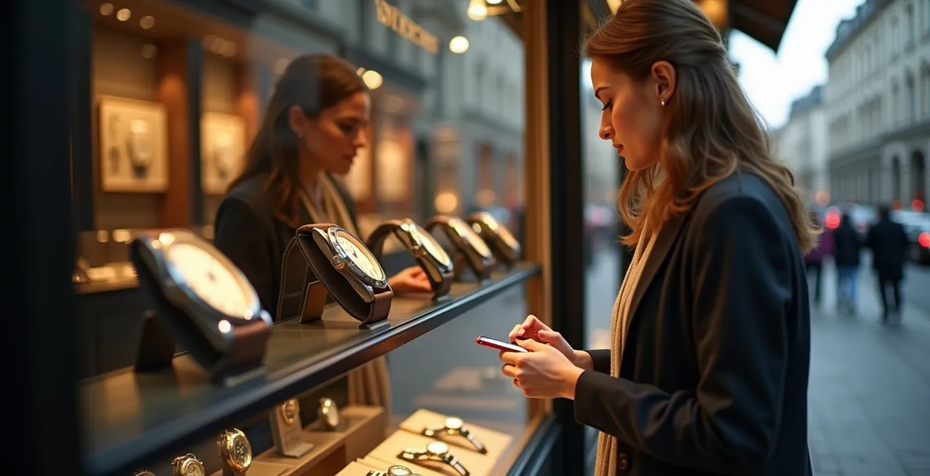 Devanture d'une horlogerie française pendant les soldes avec reflets lumineux