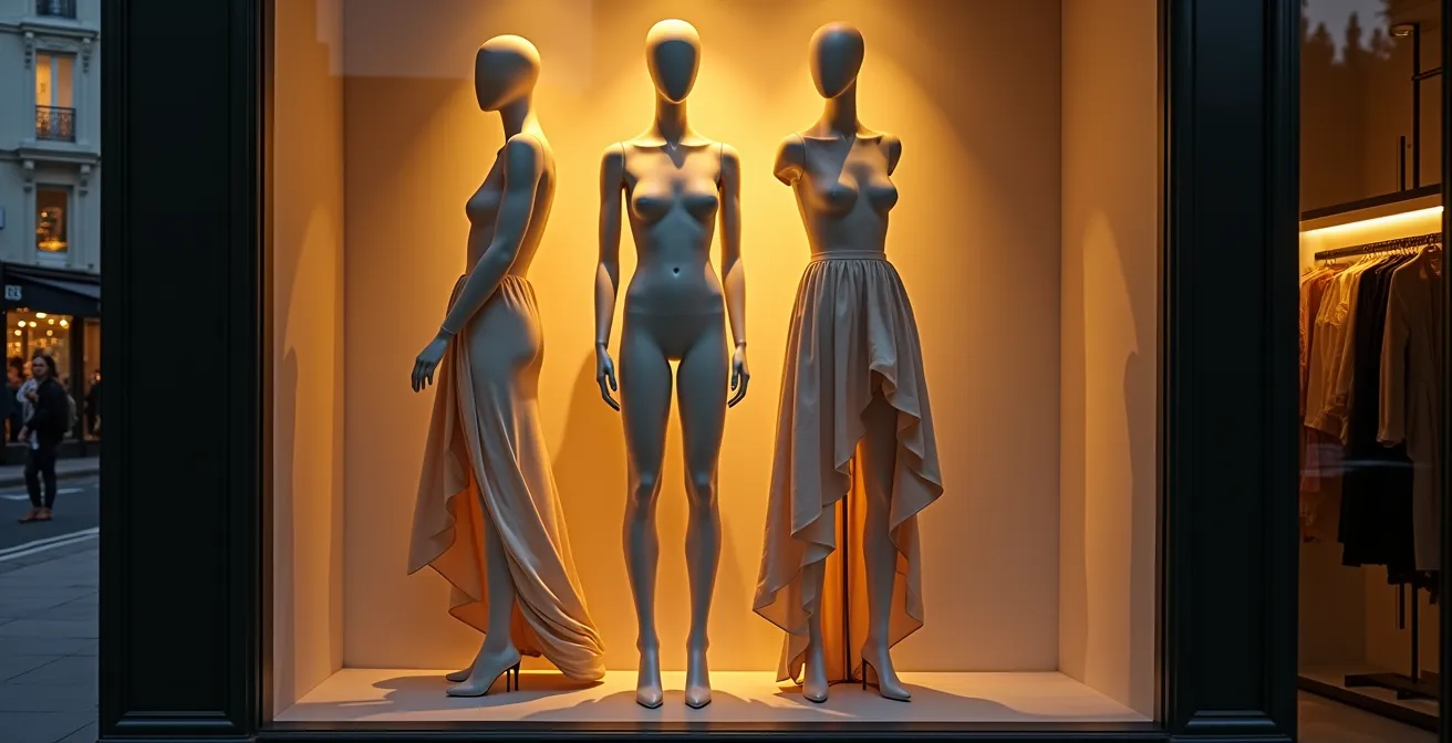 Vitrine élégante d'une boutique parisienne avec mannequin sans visage